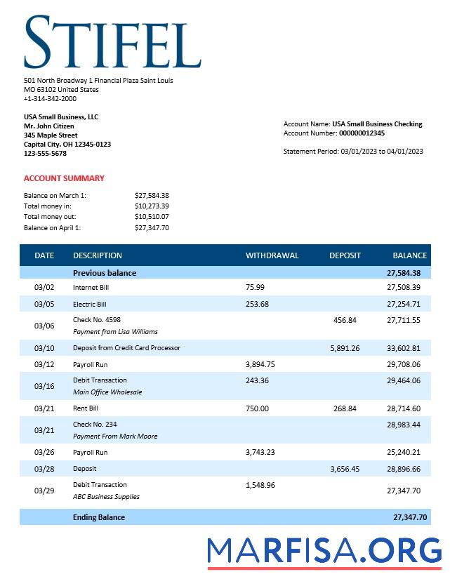 Downloadable Stifel Financial Bank firm statement Word and PDF template